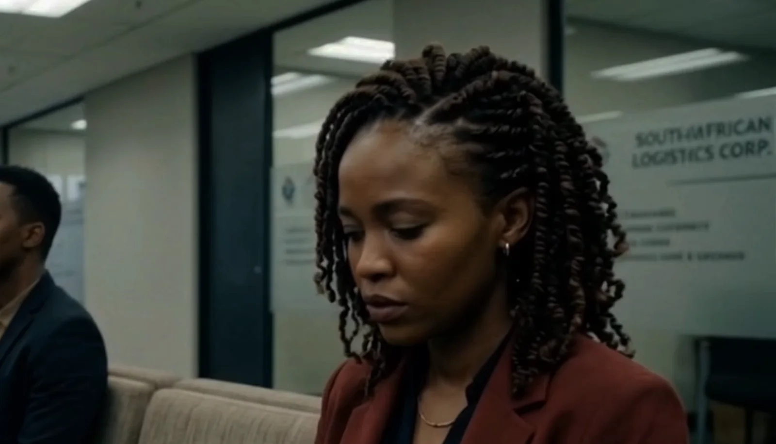 Still from the Base campaign film: a woman in a red blazer waiting in a corporate office