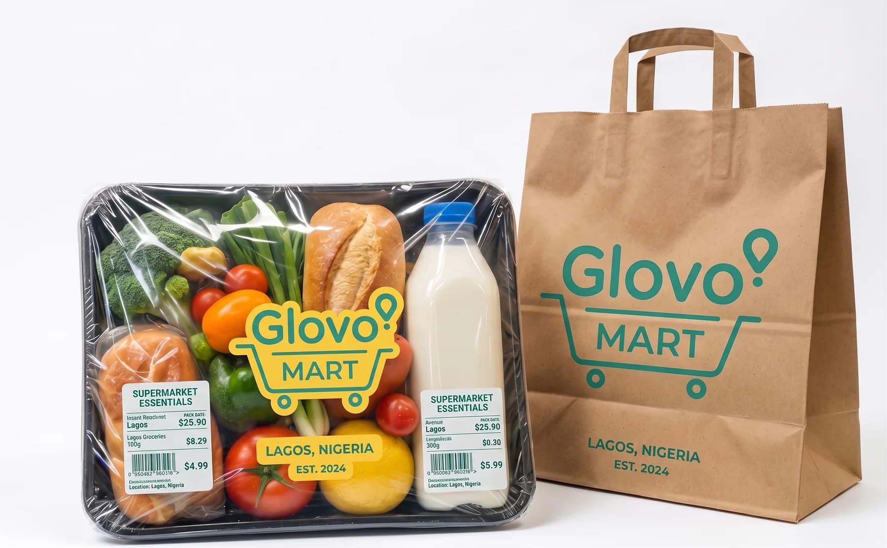 Glovo Mart grocery packaging and branded shopping bag