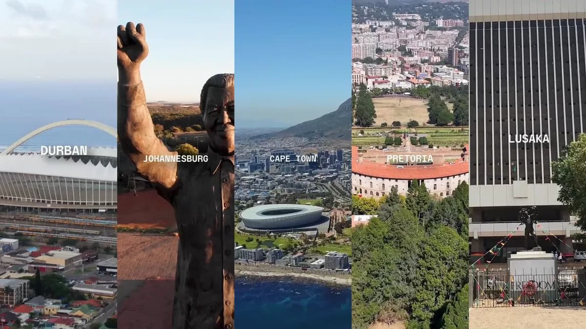 Frame from the Base campaign film: a grid of Southern and East African city shots labelled Durban, Johannesburg and Cape Town