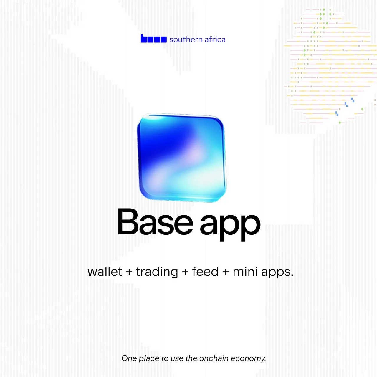 Base app campaign visual: wallet, trading, feed and mini apps
