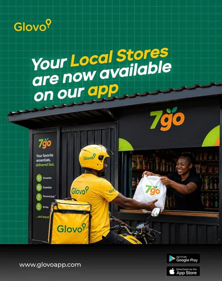 Glovo Nigeria campaign poster reading “Your Local Stores are now available on our app”, showing a Glovo rider collecting a 7go bag from a local store kiosk