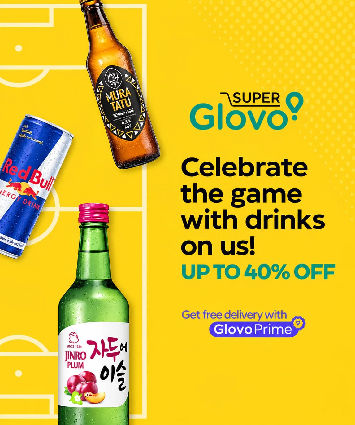 Super Glovo Kenya promotional poster on brand yellow: the Super Glovo logo, with SUPER set on a cart line above the Glovo wordmark, beside drinks and the headline “Celebrate the game with drinks on us!”