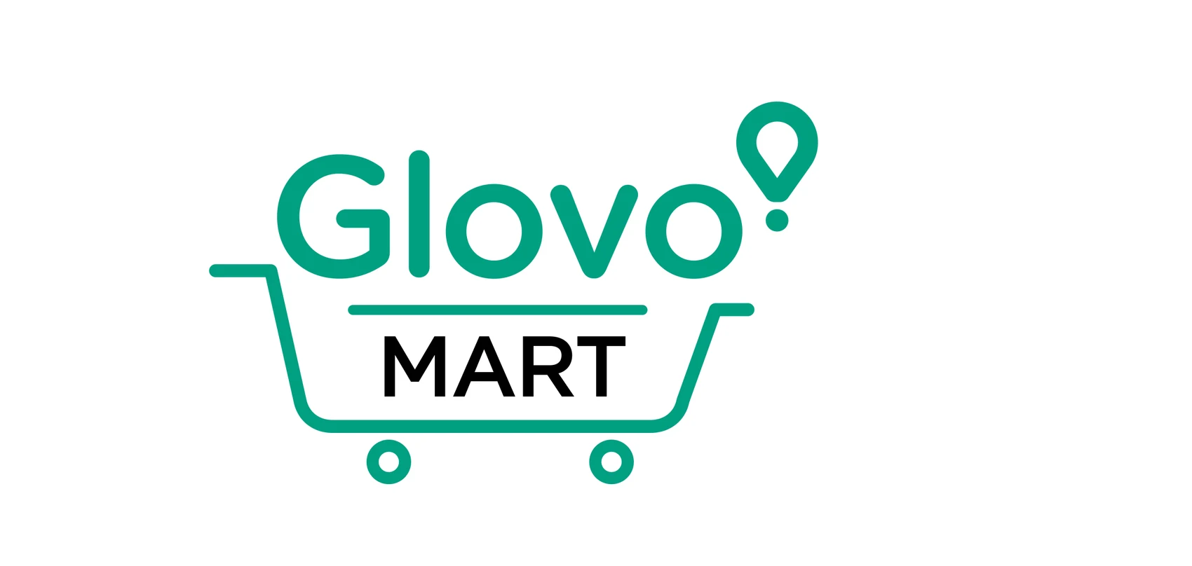 The Glovo Mart master lockup: the Glovo wordmark and location-pin isotype above MART, both held inside a line-drawn shopping cart