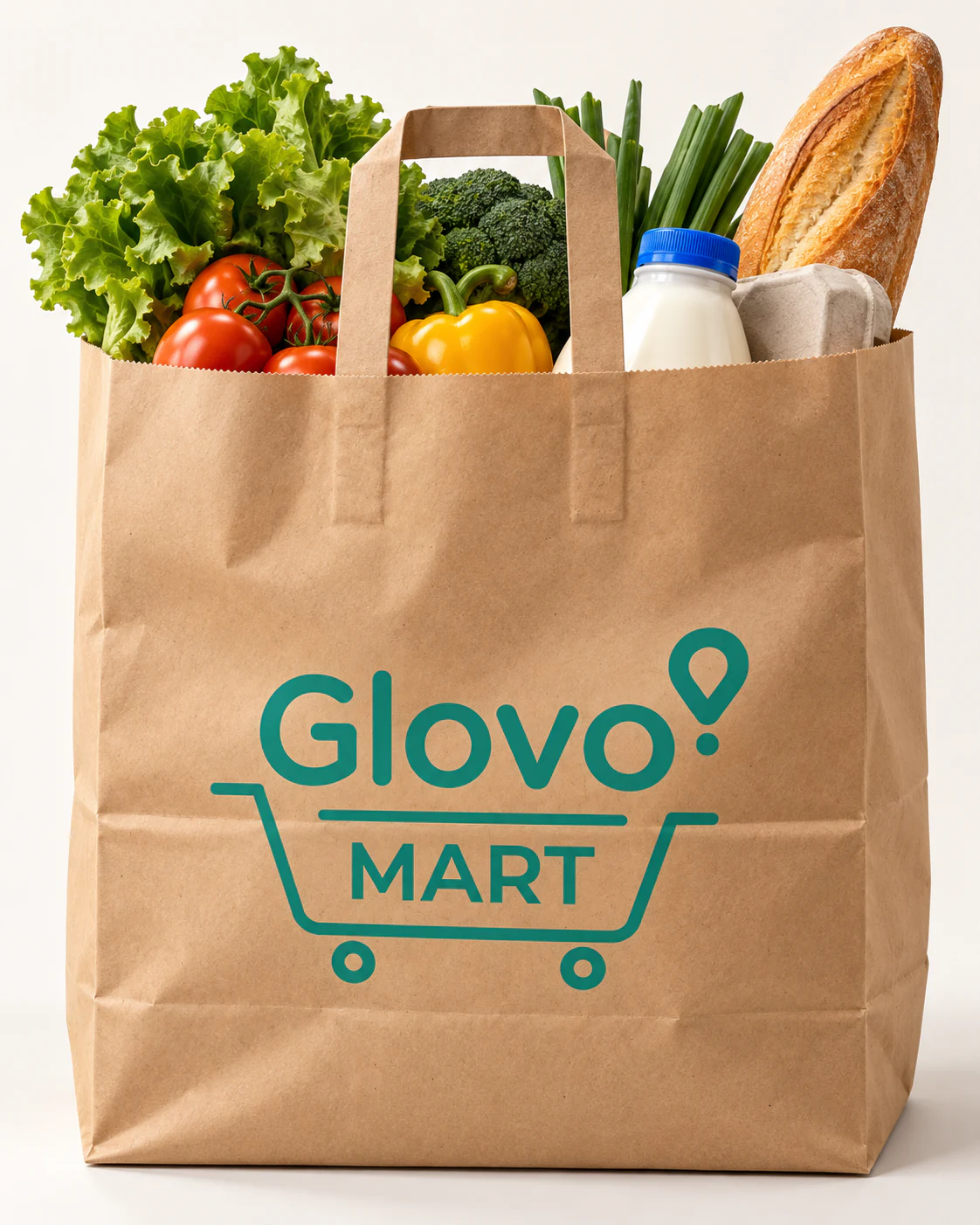 Glovo Mart kraft grocery bag with fresh produce