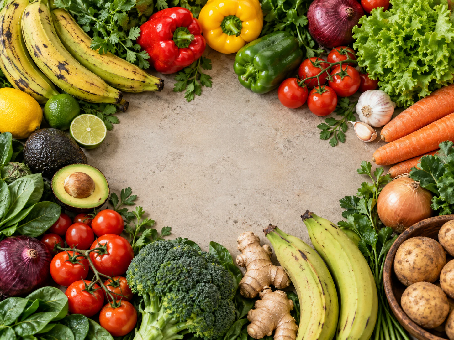 Top-down arrangement of fresh grocery produce