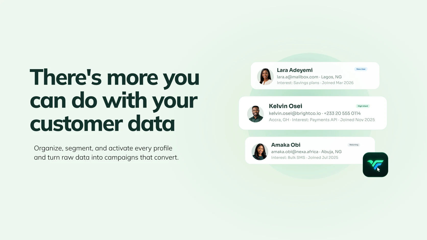 Graphic reading “There’s more you can do with your customer data”, beside three customer record cards