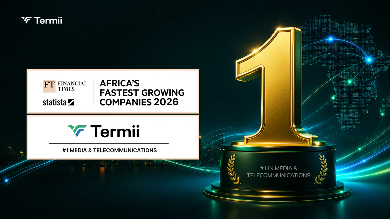 Termii recognition graphic for Financial Times and Statista Africa’s Fastest Growing Companies 2026, highlighting #1 in Media and Telecommunications.