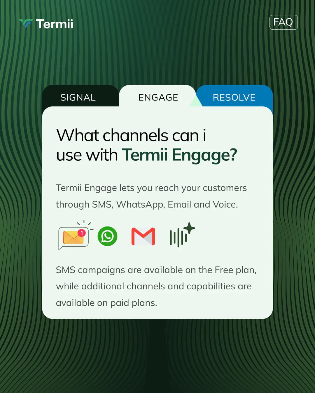 FAQ card asking “What channels can I use with Termii Engage?”, with tabs for Signal, Engage and Resolve