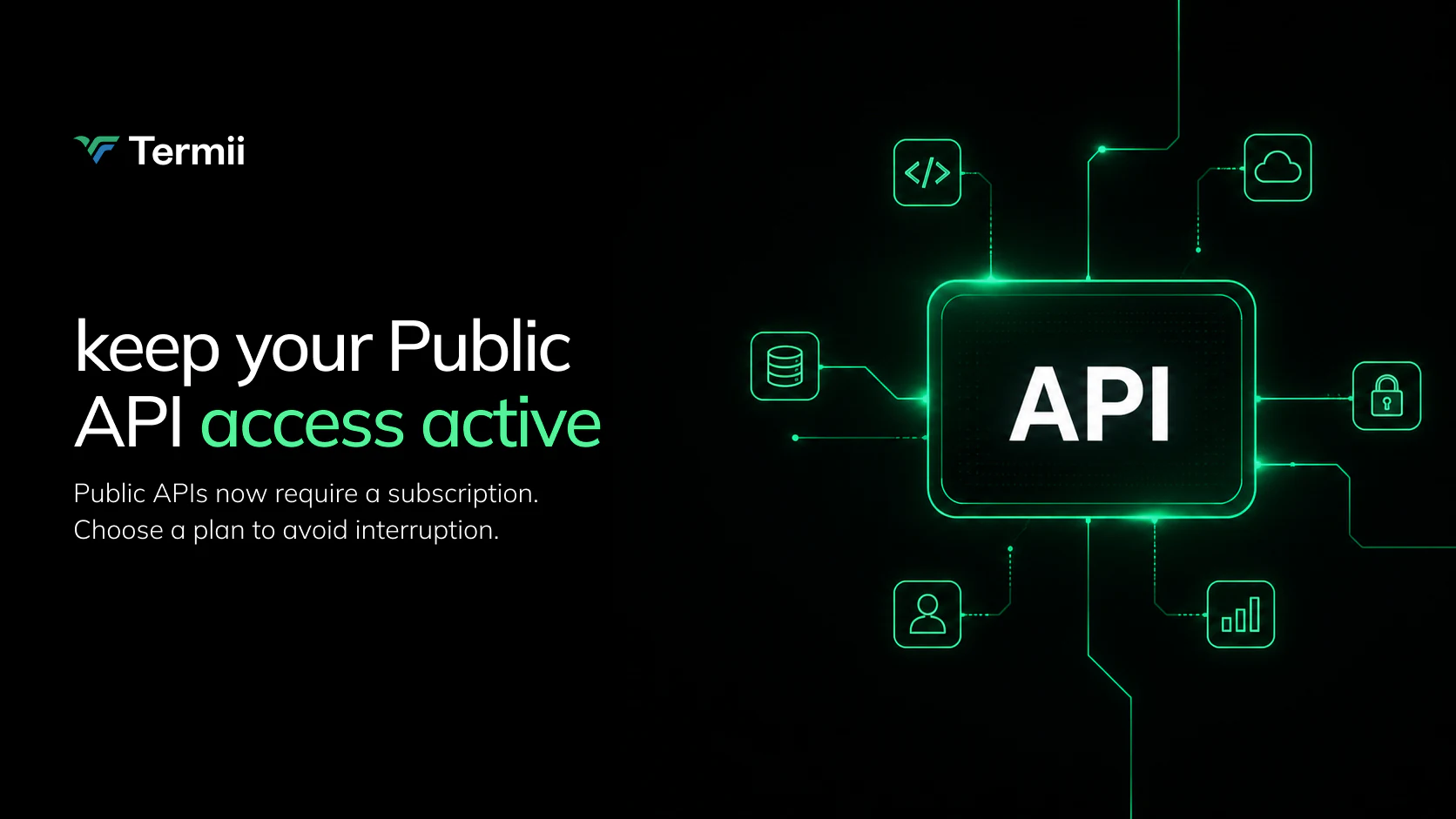 Notice reading “Keep your Public API access active”, with an API chip graphic