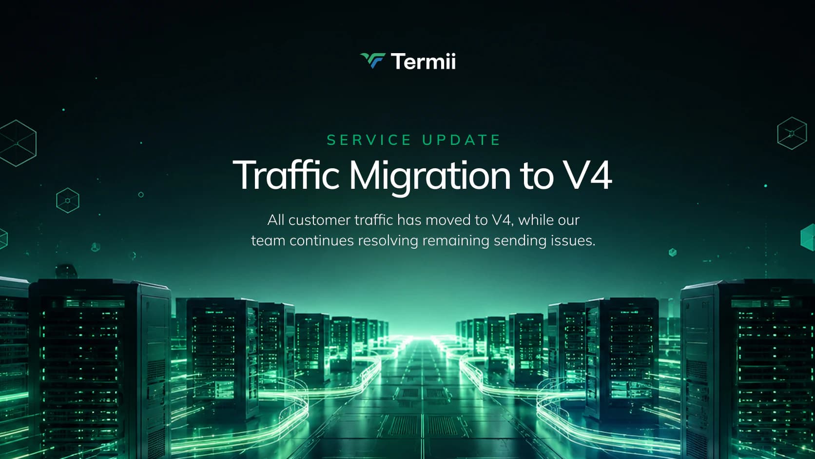 Service update graphic titled “Traffic Migration to V4” over a hall of illuminated servers
